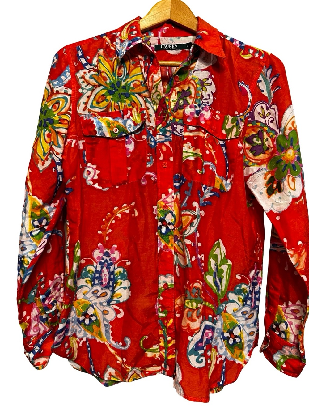Lauren Ralph Lauren Cotton-Silk Voile Shirt Size Medium Orange Multi Floral - Picture 4 of 12